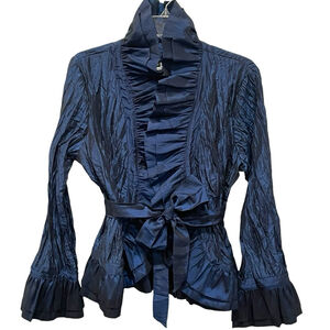 Tempo Paris Womens Large Ruffled High Neck Wrap Top Crinkle Tie Waist Bell Sleev